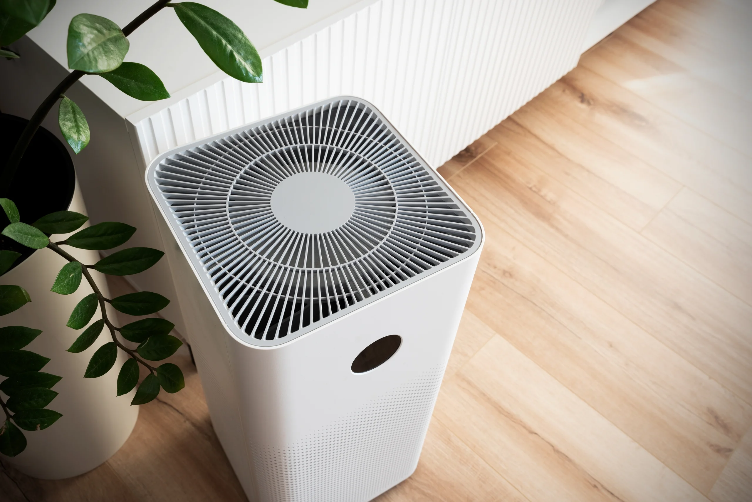 Sleek air purifier on wooden floor with plant nearby.