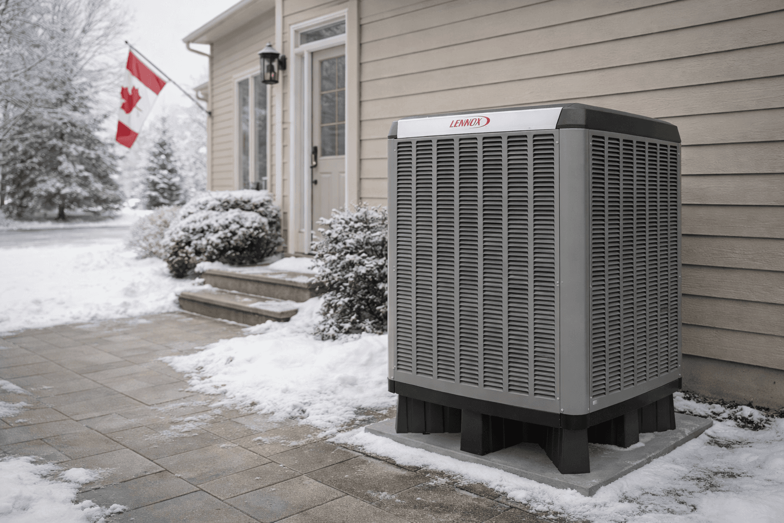 Heat pump outside home in snowy setting with Canadian flag.