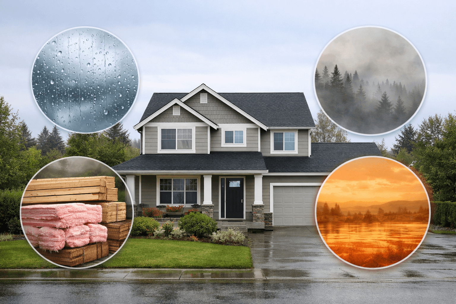 Suburban house with weather impact images for home insurance context.