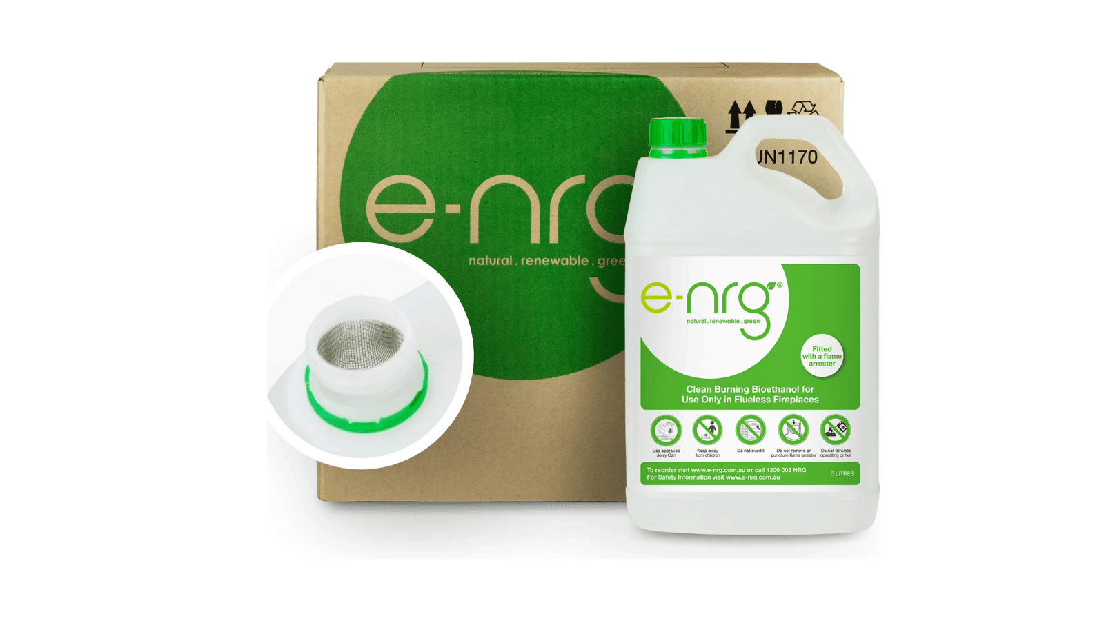e-nrg bioethanol container with flame arrestor and packaging.