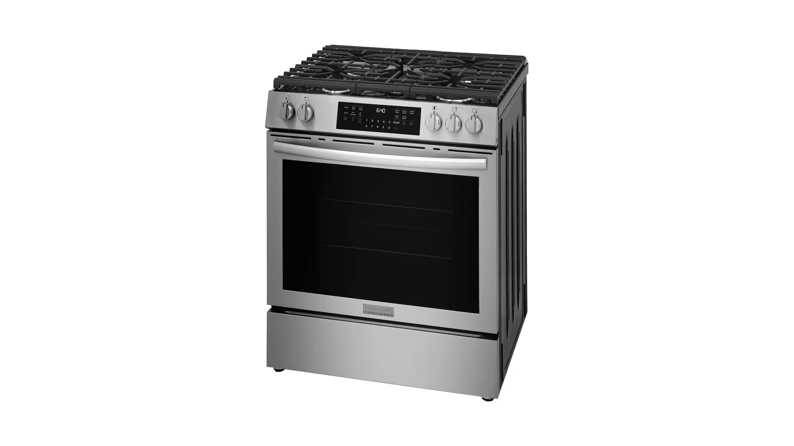 Sleek stainless steel gas range with digital controls and burners.