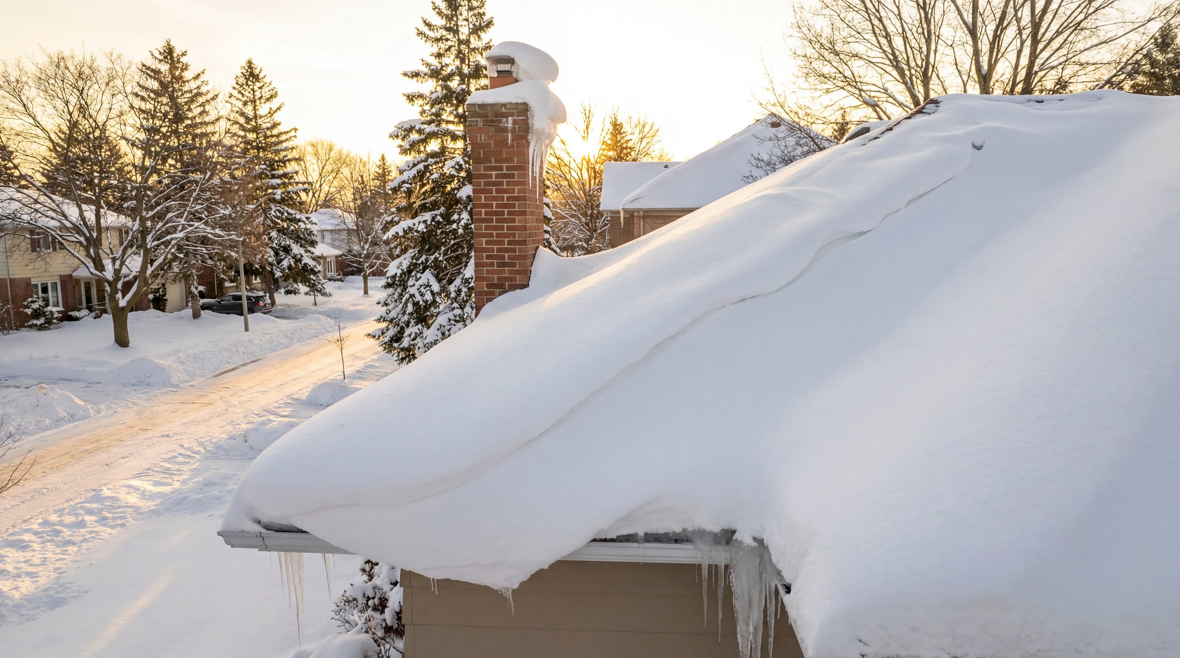 Snow-covered roof on a Canadian home with a chimney and icicles, during sunset.