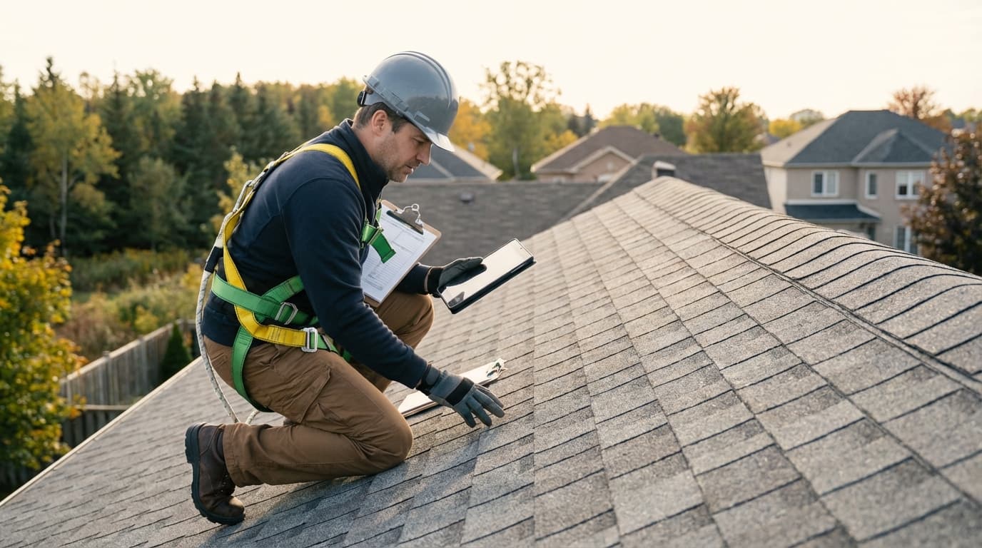 Worker inspecting a residential roof with safety gear.